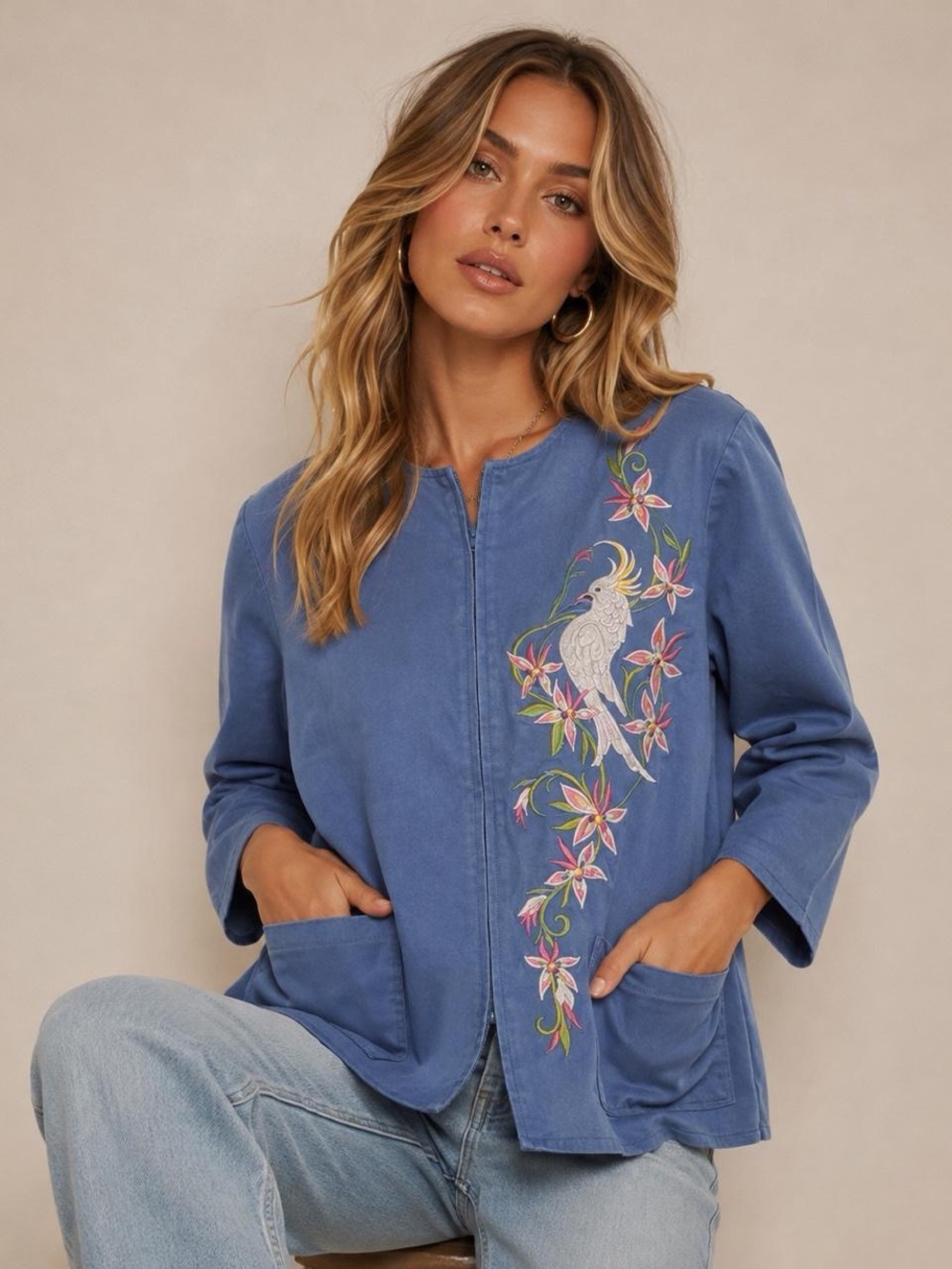 Vintage Bob Mackie Wearable Art Embroidered Bird Blue Jacket Medium Tropical NWT
